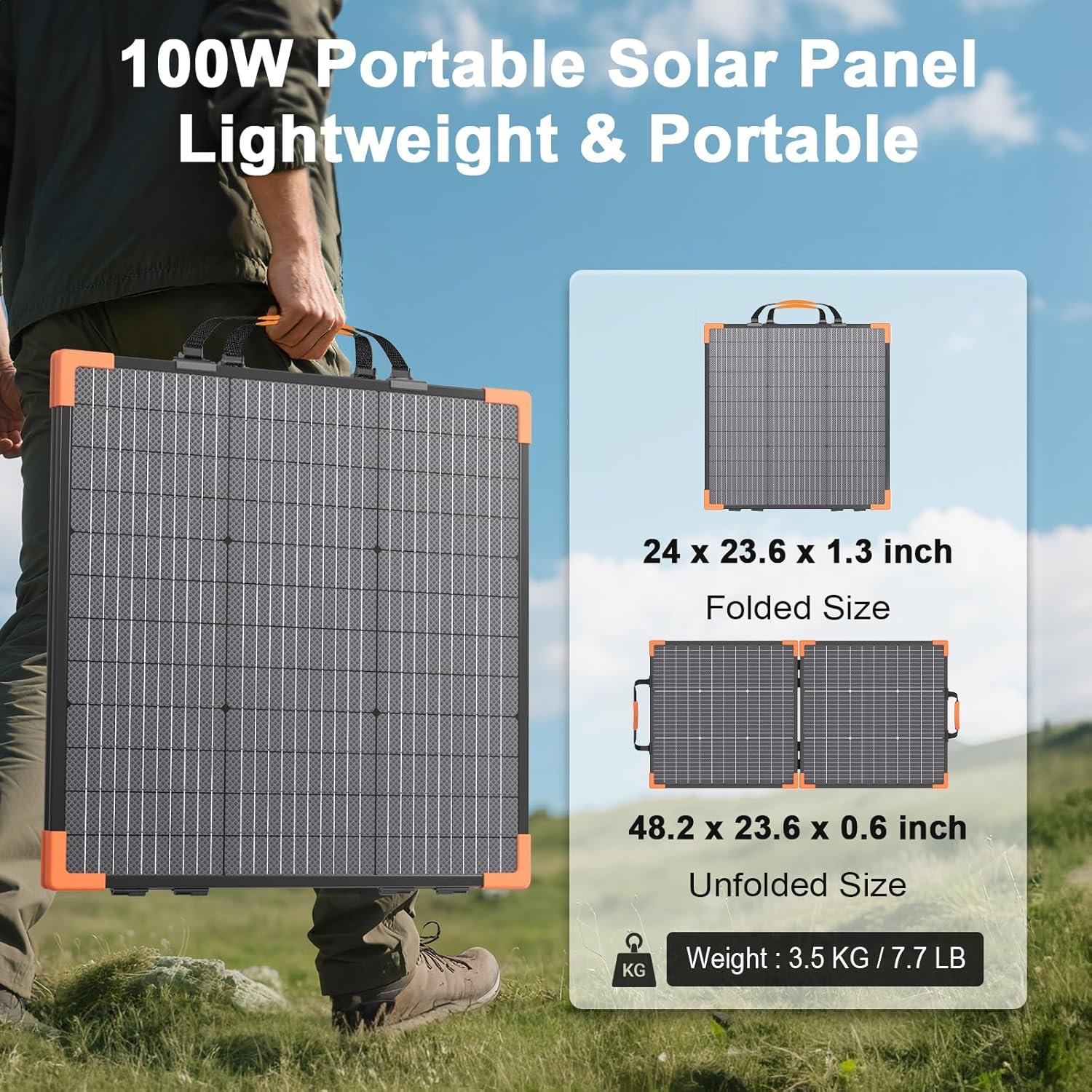 Panel solar portátil bifacial de 100 vatios para estación de energía, cargador solar plegable de 20 V con impermeabilidad IP68, 23.5% de alta eficiencia con 2 soportes reforzados para acampar RV apagones fuera de la red
