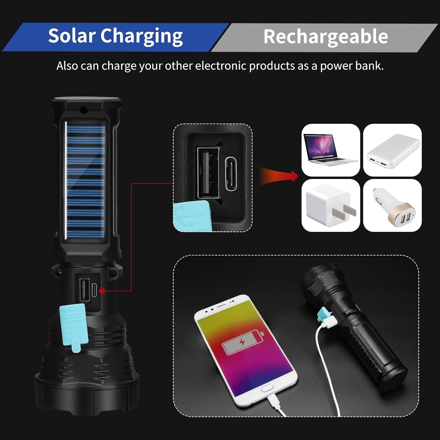 Linterna solar recargable impermeable IP65 ideal para campo, camping y cortes de luz