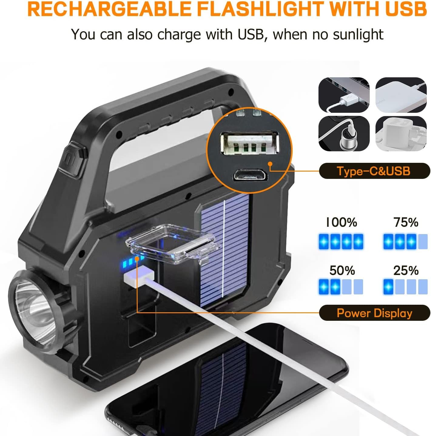 Linterna solar recargable impermeable IP65 con batería de 2000 mAh y función power bank