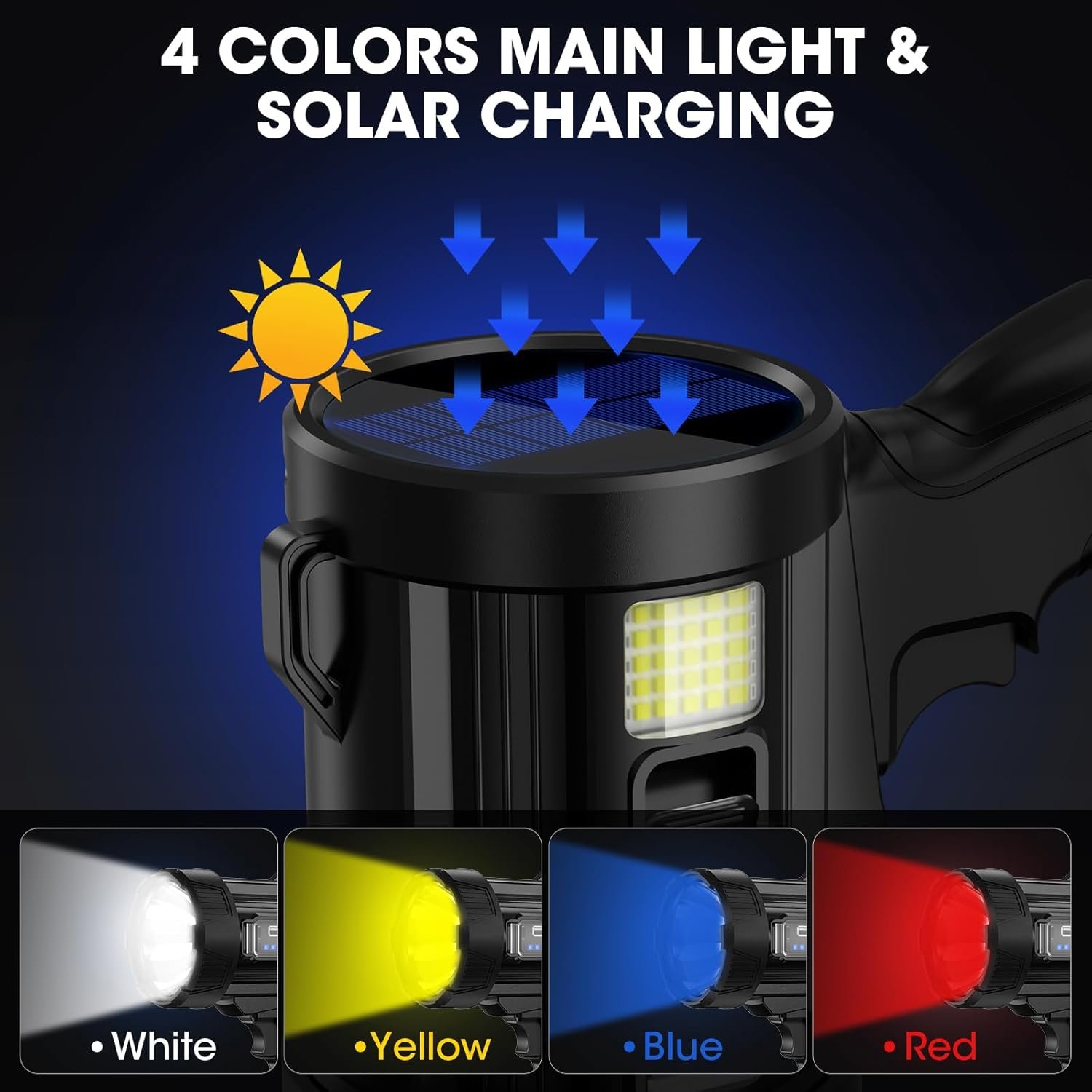 Linterna solar recargable con panel solar y modos de luz para camping y cortes de energía
