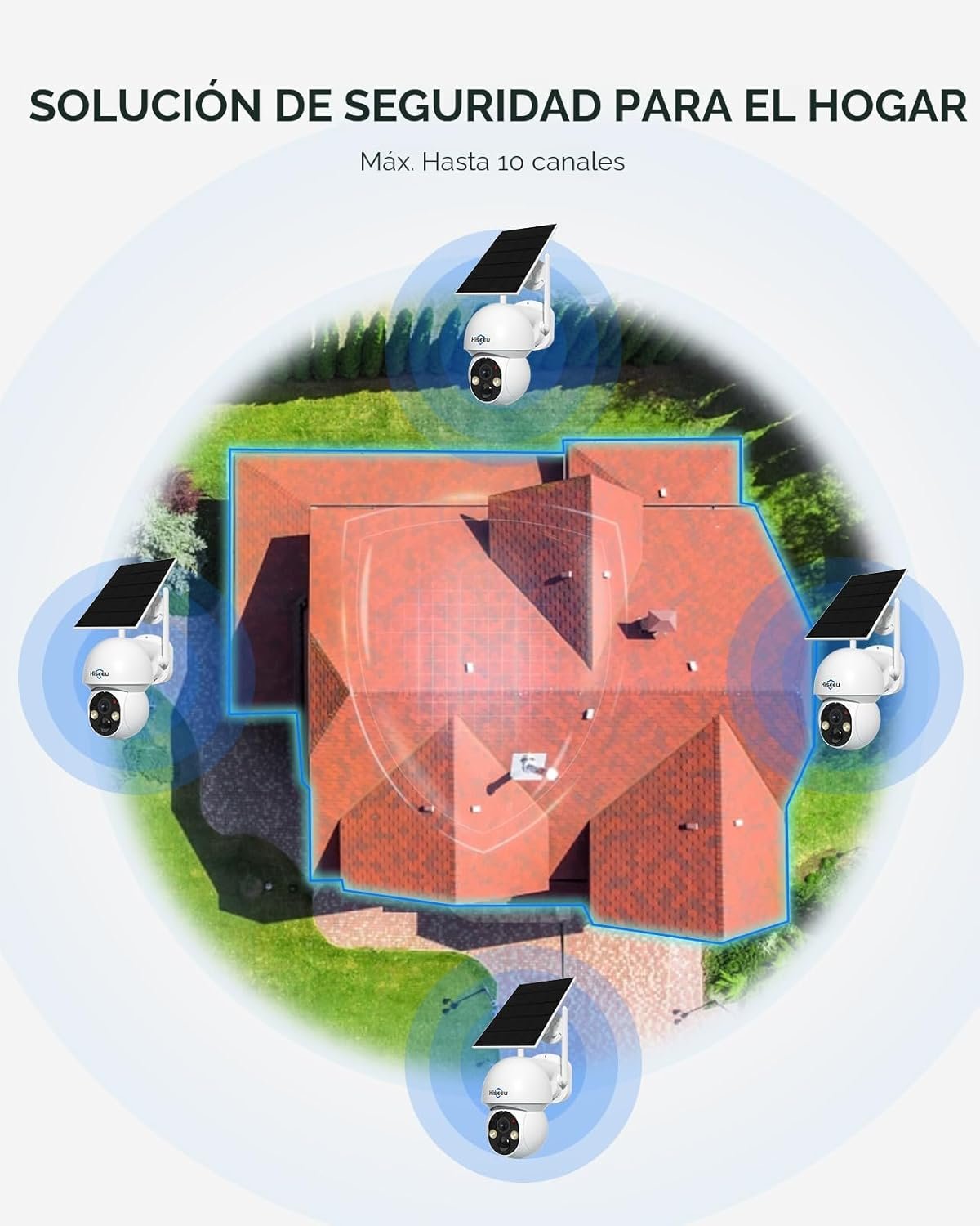 WiFi de 2.4G y 5G, kit de 4 cámaras de 4MP con energía solar, visión nocturna a color, vista de 360°