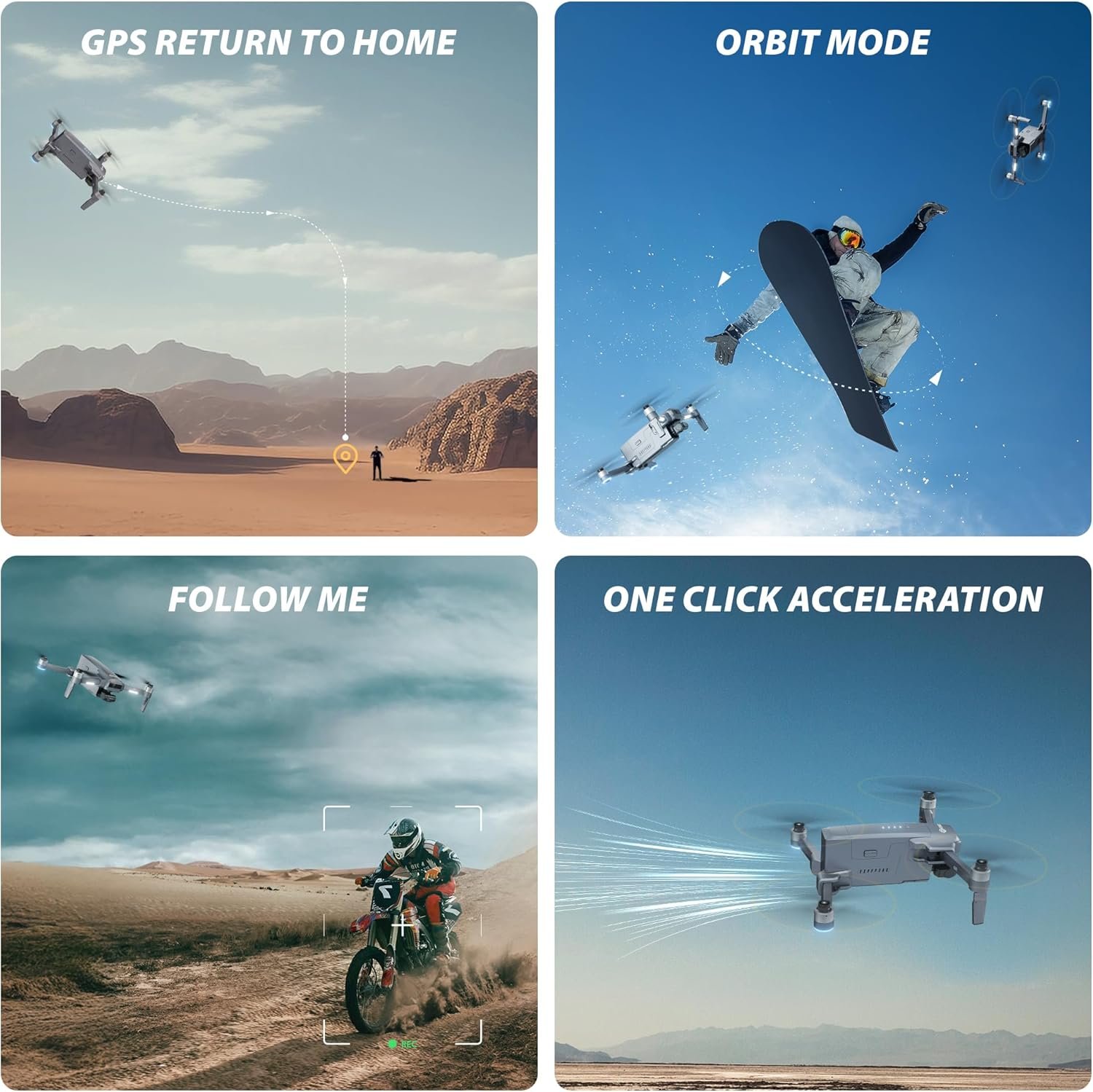 especificaciones de uso drone GPS OBIT MODE FOLLOW ME  ONE CLIC ACELERATION